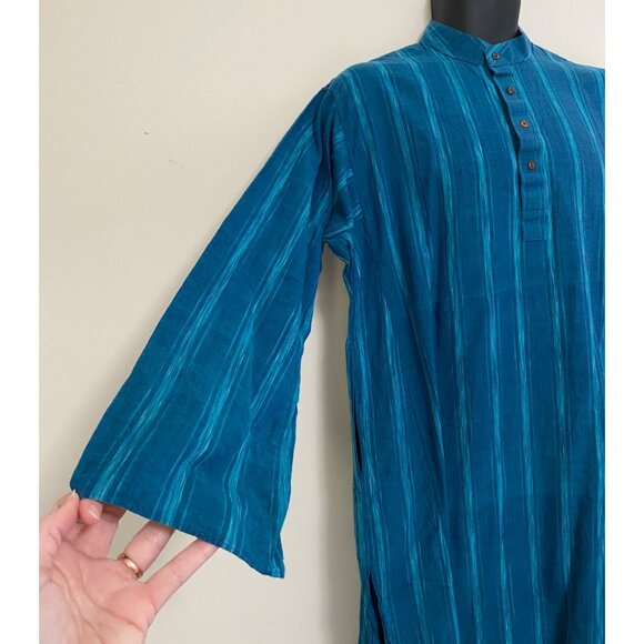 Prabartana Men's Punjabi Kurta 100% Cotton Hand Loomed Blue Teal Striped Tunic - Picture 5 of 12